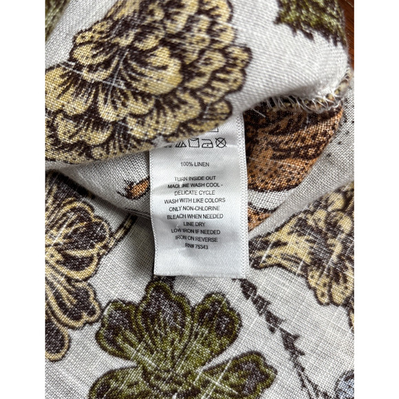 Nicole Miller Linen Tunic Blouse Size XL Earthy Floral Bird Print‎ Roll Tab - Picture 6 of 6